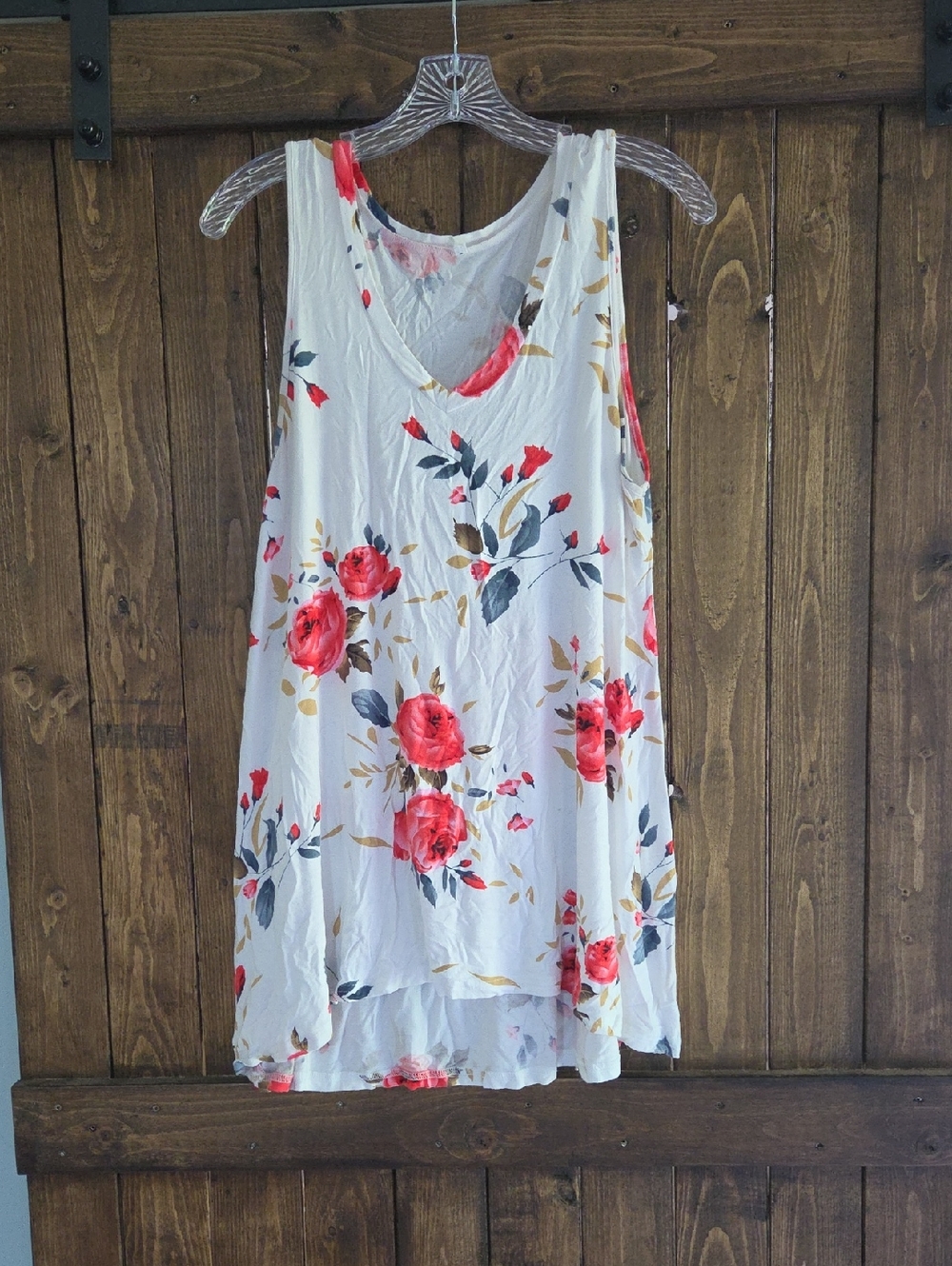 Floral V-Neck Sleeveless Tunic Top - White with Red Rose Print